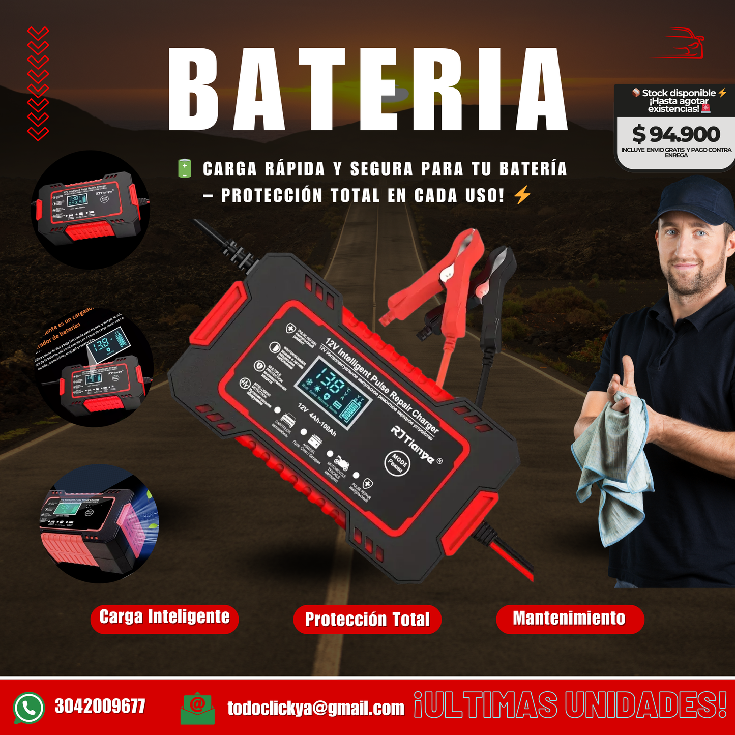 🔋✨Cargador Inteligente de Batería 12V 6A – Mantenimiento y Reparación con Pantalla LCD🚗⚡